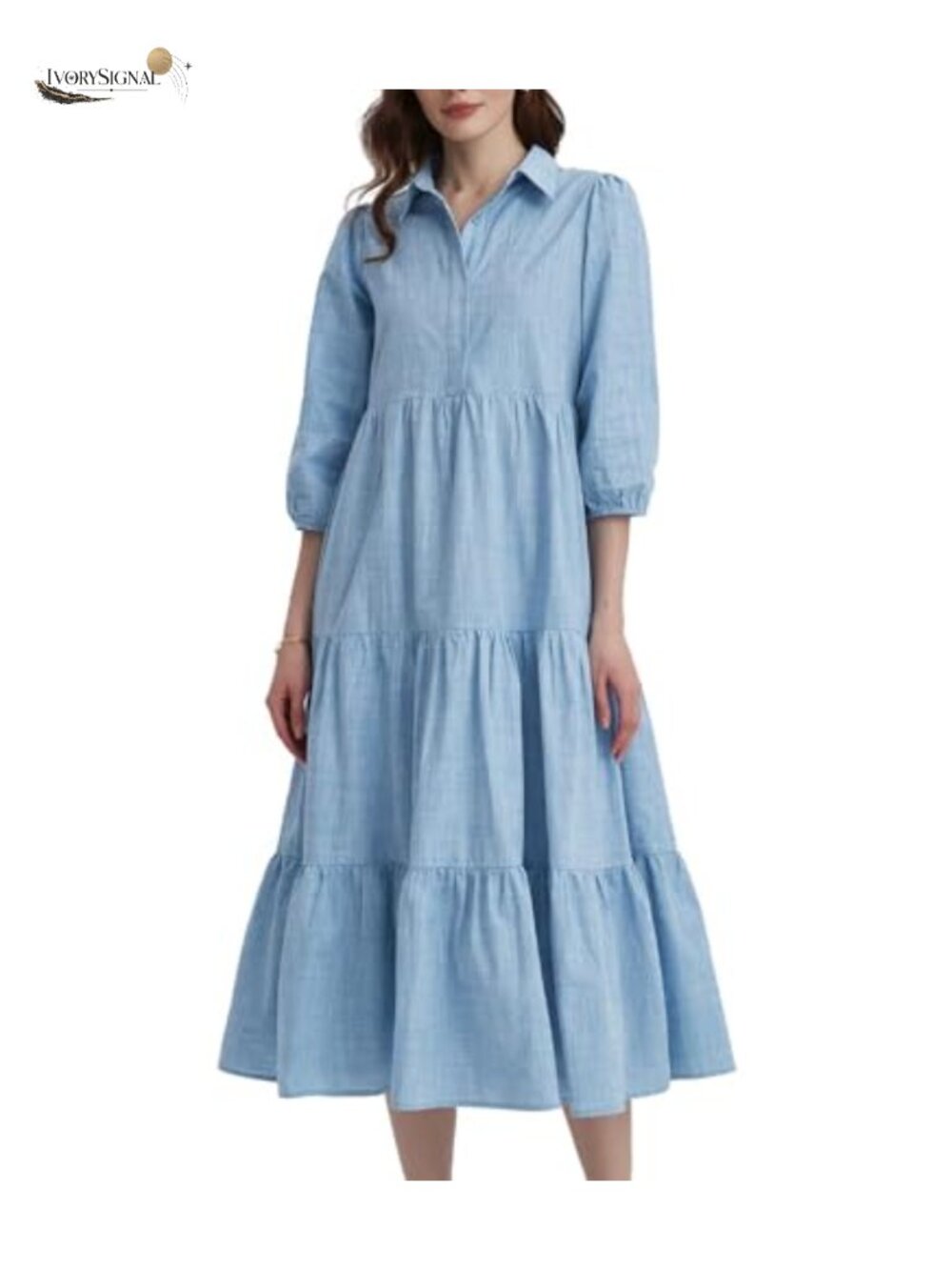 Women Button Down Maxi Shirt Dress Long Sleeve Tiered Collared Pockets